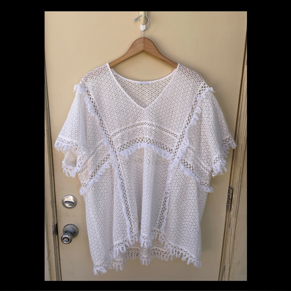 Boho White Crochet Fringe Poncho Swim Cover Up Top - Size L